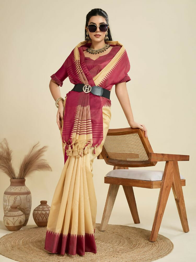 Vishnu Weaves Women's Chiku Raw Silk Thread Woven Saree with Blouse - Swadesiicart