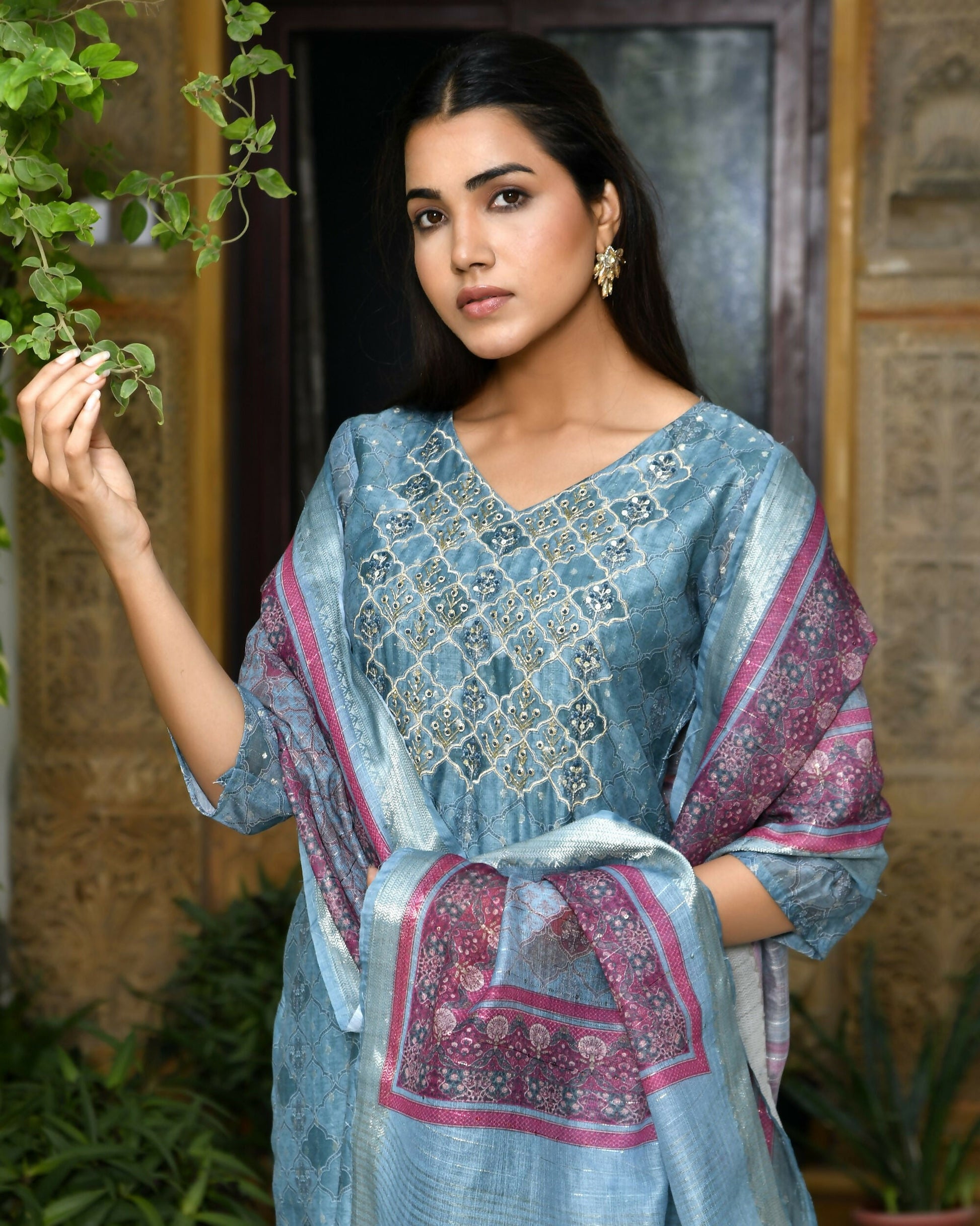 Vaasva Women's Chanderi Printed Suit Set With Pant And Printed Dupatta | Swadesiicart