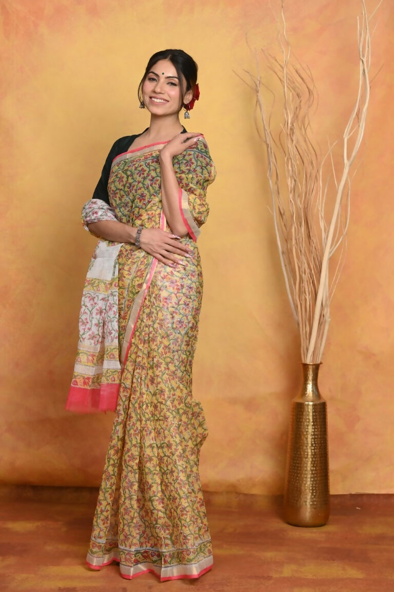 Very Much Indian Pure Kota Cotton Handblock Printed Saree - Yellow | Swadesiicart