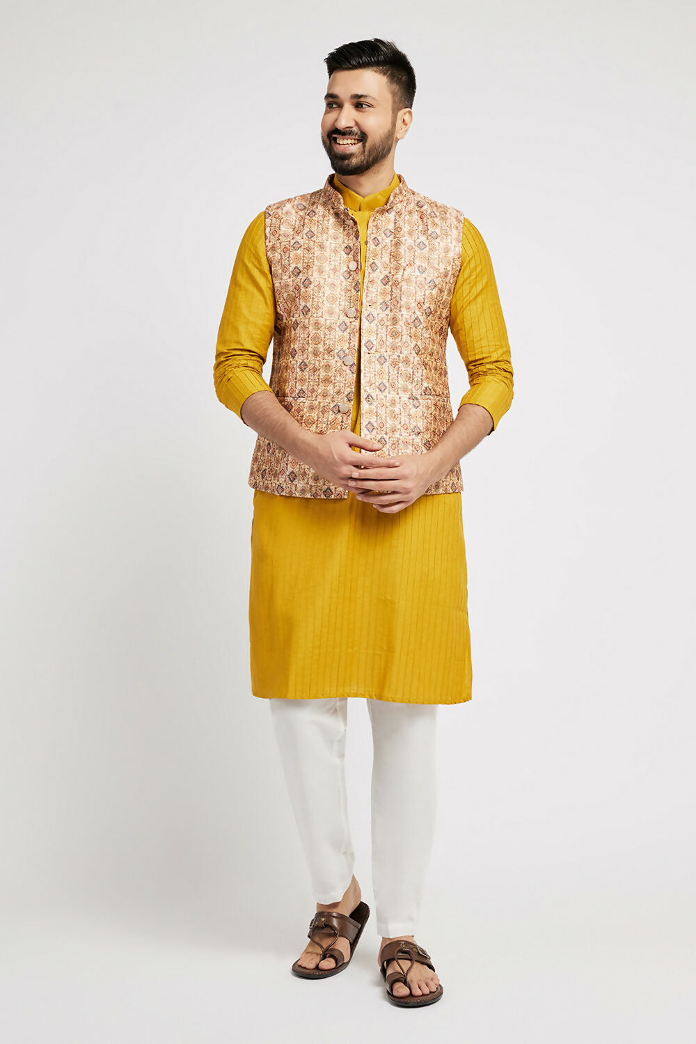 Ethnic India Cream Bundi Men's Jacket Abstract Polyester | Swadesiicart