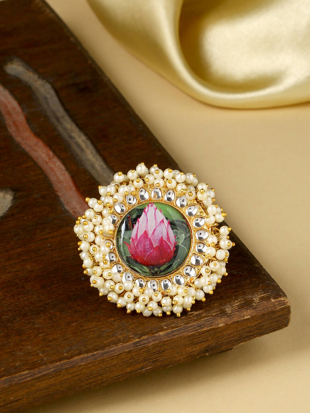 NVR Women's Traditional Ethnic Kundan Meenakari Gold-Polished Ajustable Finger Ring | Swadesiicart
