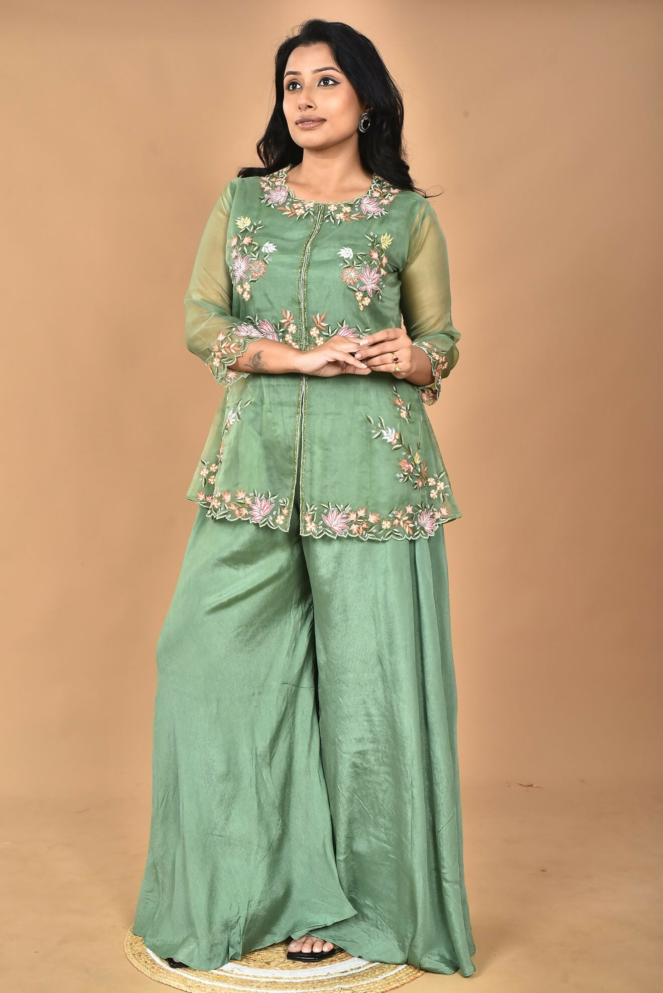 Morchari Women And Hand Embroidery Palazzo Set-Green - Swadesiicart