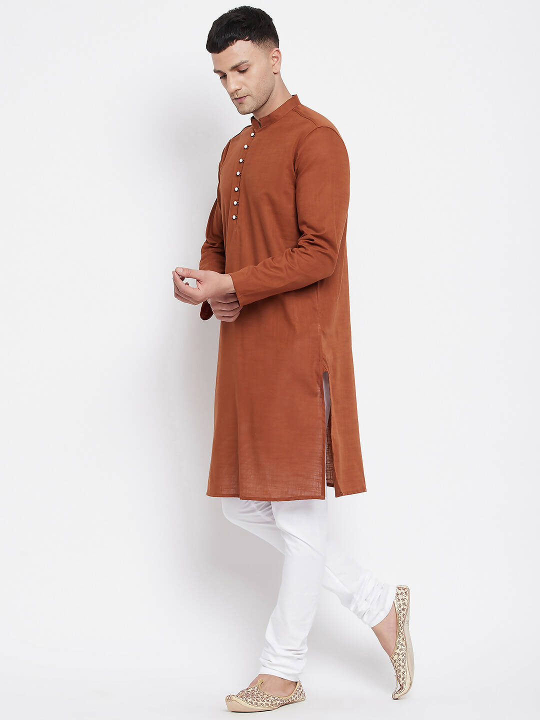 Even Apparels Brown Color Pure Cotton Men's Kurta With Band Collar | Swadesiicart