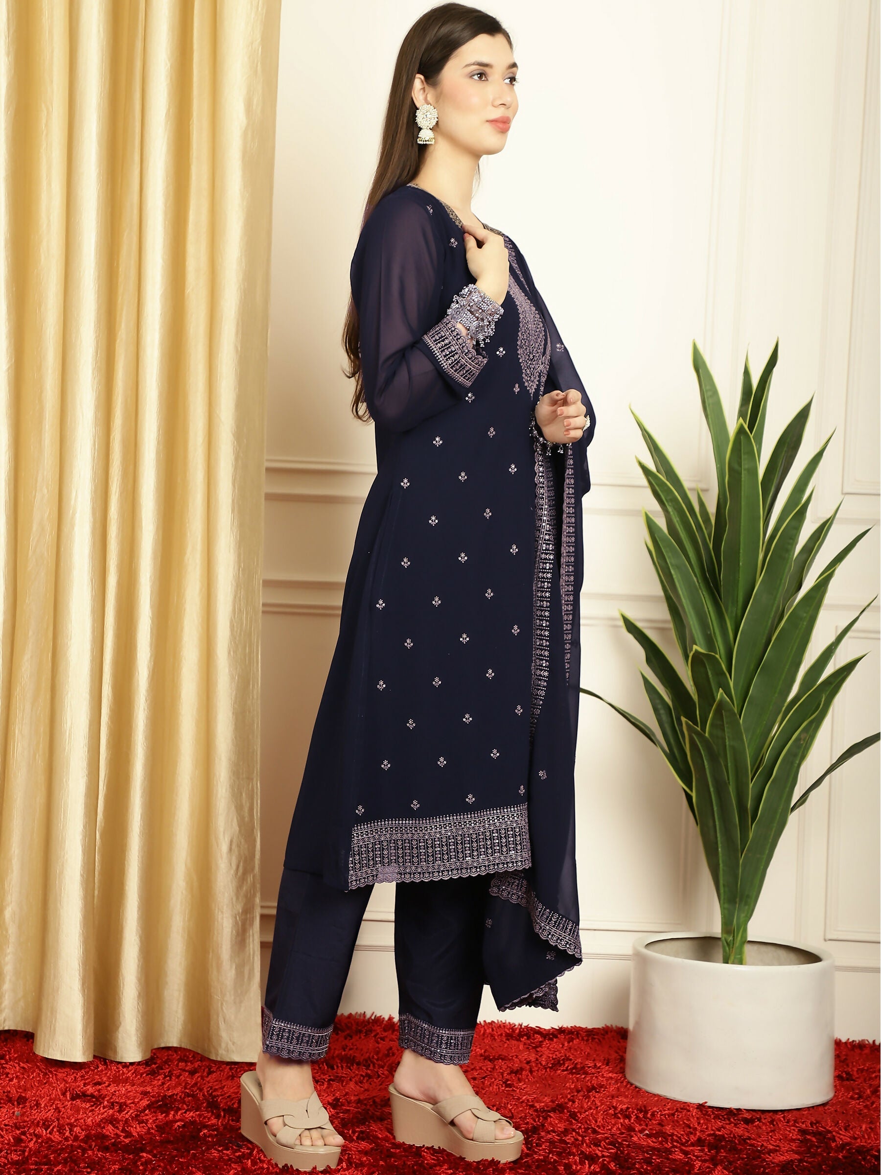 Jyoti Fashion Women's Navy Blue Georgette Resham Thread & Sequin Kurta with Trouser & Dupatta | Swadesiicart
