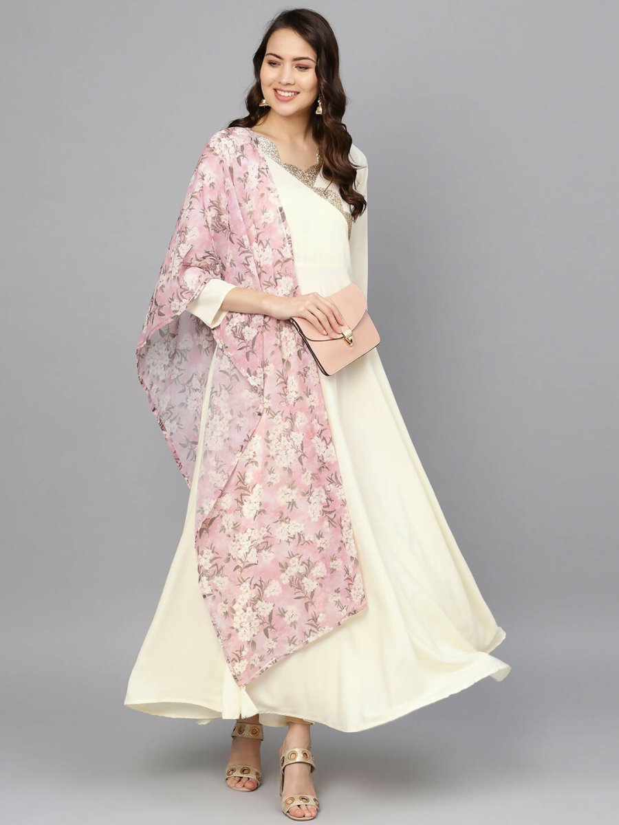 Ahalyaa Women's Cream Crepe kurta With Printed Dupatta Set | Swadesiicart