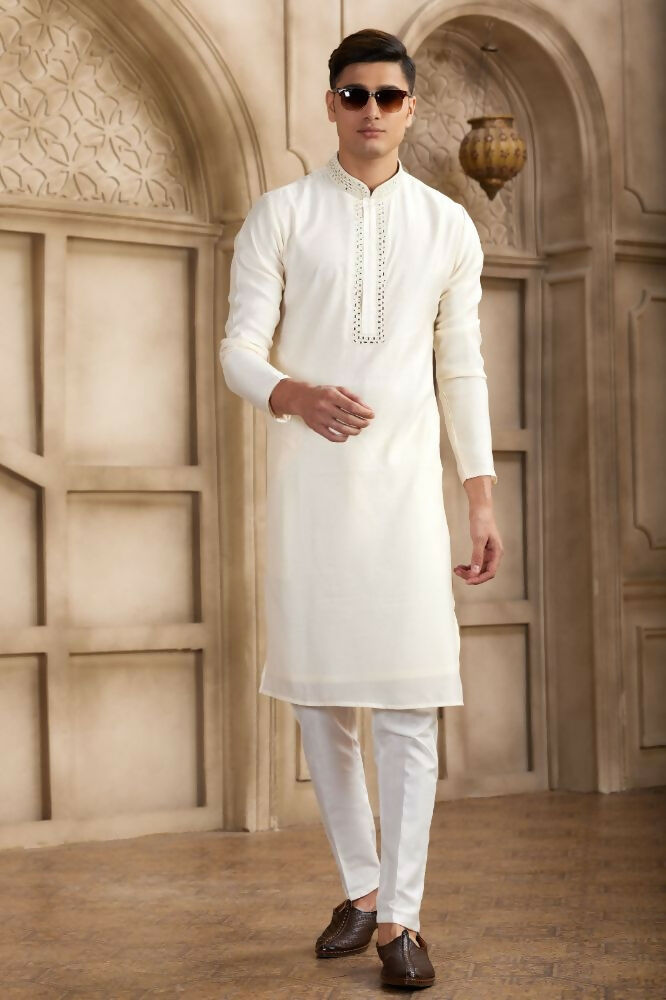 Raivat Ethnic Banarasi Art Silk Mirror Work Kurta Pajama In Cream Colour | Swadesiicart
