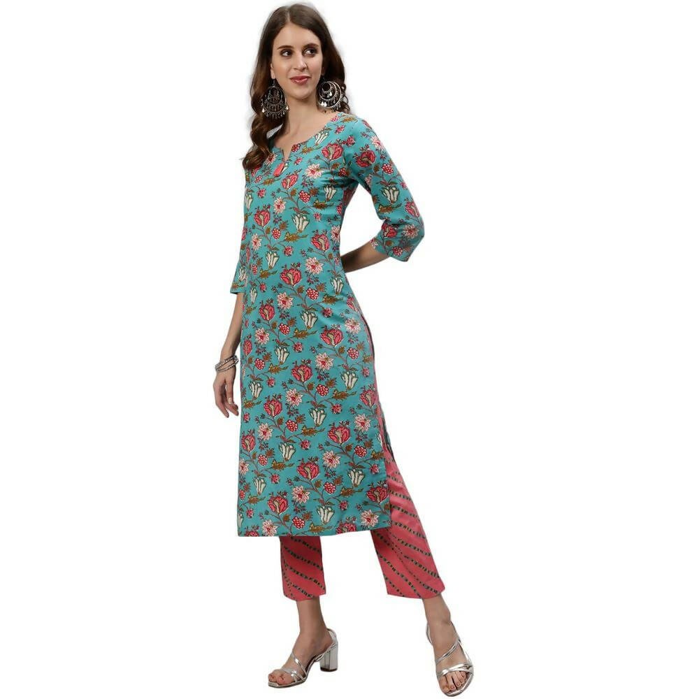 Anubhutee Women's Cotton Regular Floral Printed Green Kurta Set | Swadesiicart