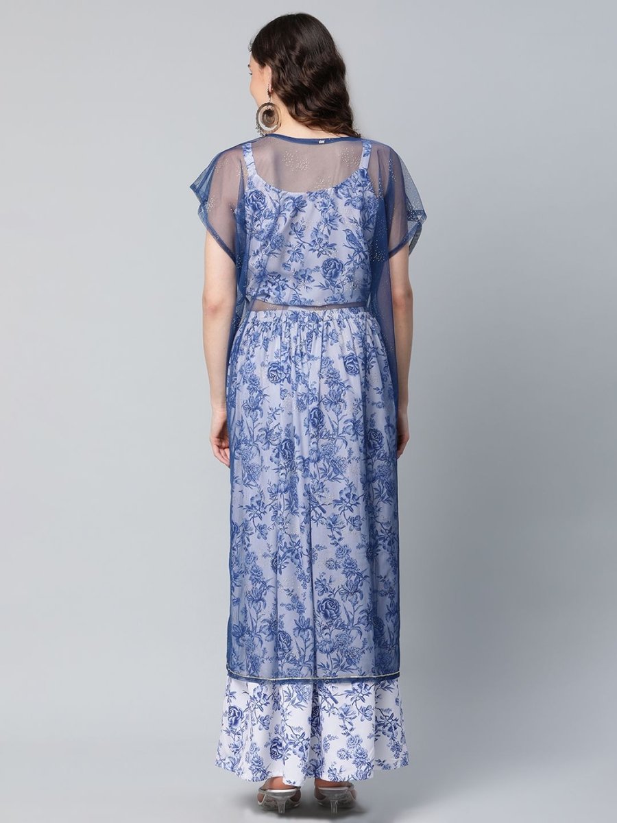 Ahalyaa Women Blue Crepe Printed Top with Skirt with Net Overlay | Swadesiicart