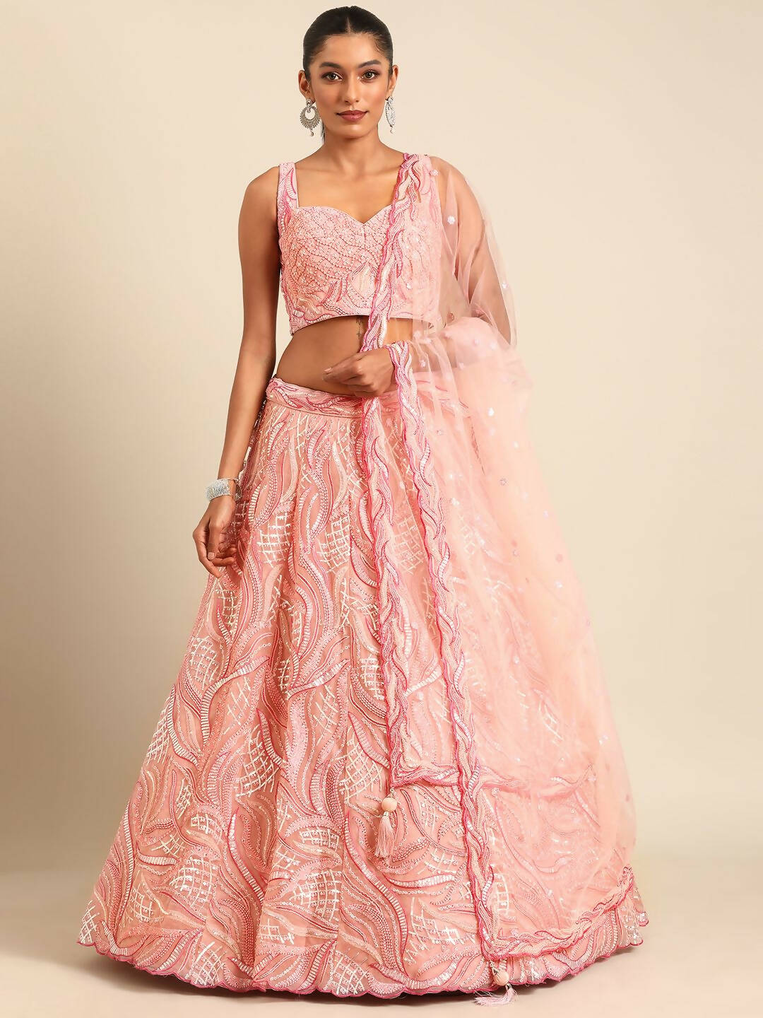 House of Panchhi Coral Pink Net Sequins and Zarkan embroidery Lehenga choli & Dupatta | Swadesiicart