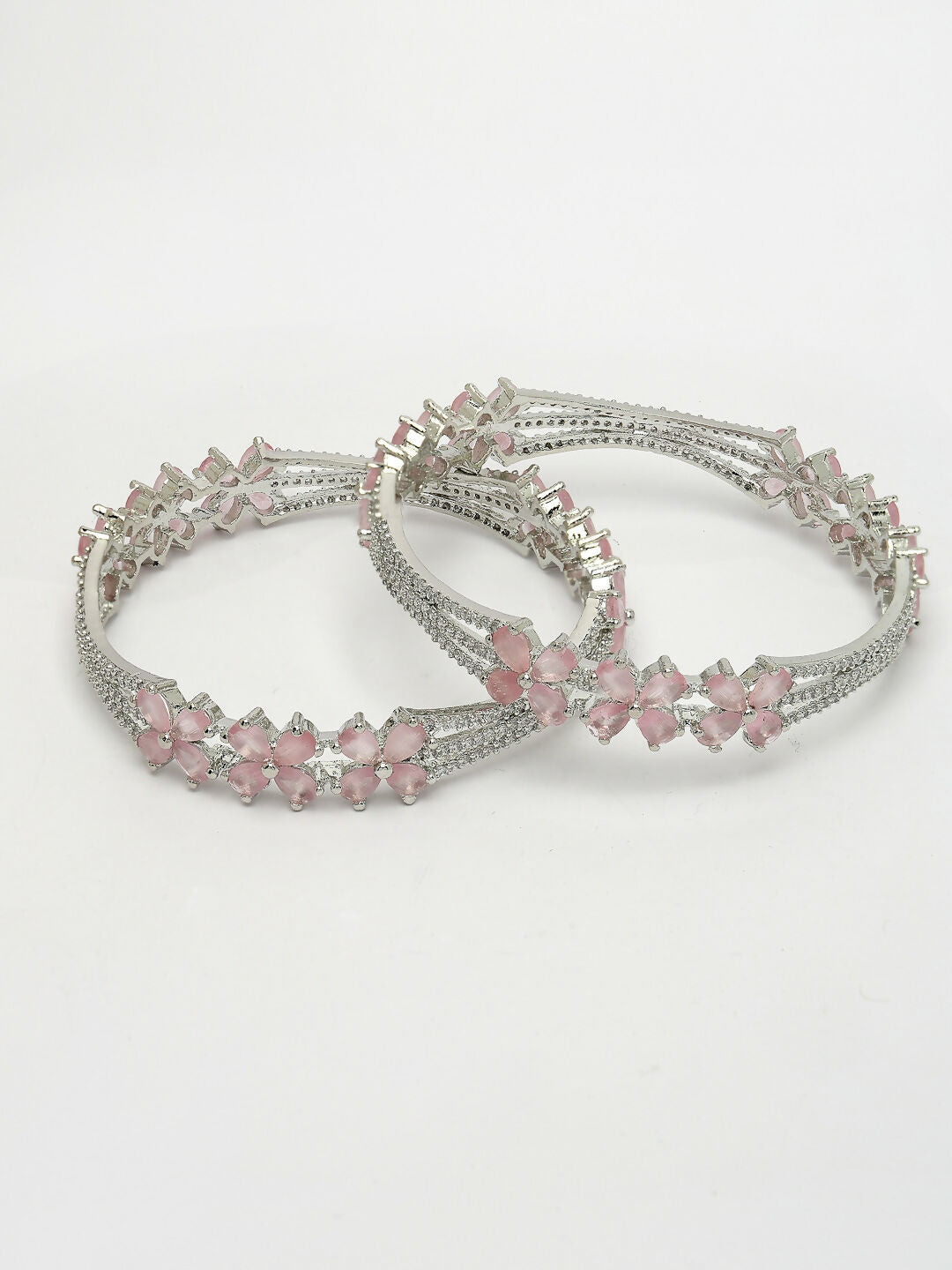 NVR Women's Set of 2 Silver-Plated American Diamond Handcrafted Bangles - Swadesiicart