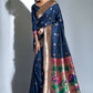 Vishnu Weaves Women's Blue Paithani Silk Zari Woven Saree with Unstitched Blouse - Swadesiicart