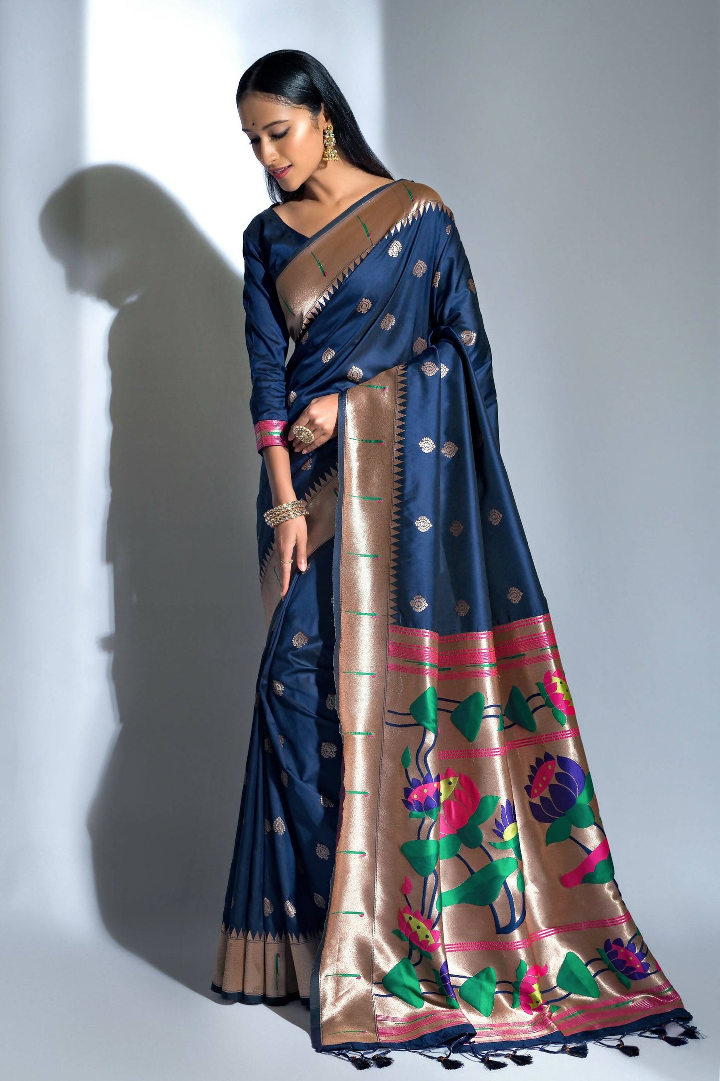 Vishnu Weaves Women's Blue Paithani Silk Zari Woven Saree with Unstitched Blouse - Swadesiicart