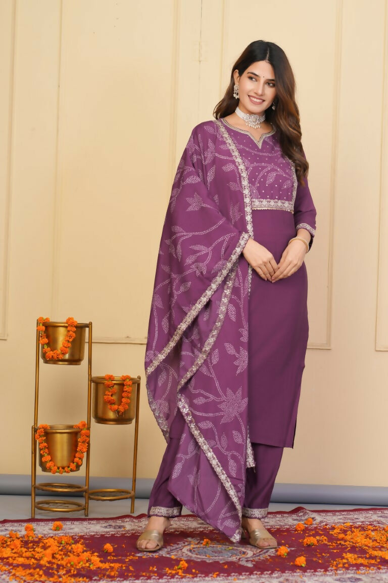Wine Viscose Chanderi Embroidered Stitched Suit With Dupatta - Tanisha | Swadesiicart