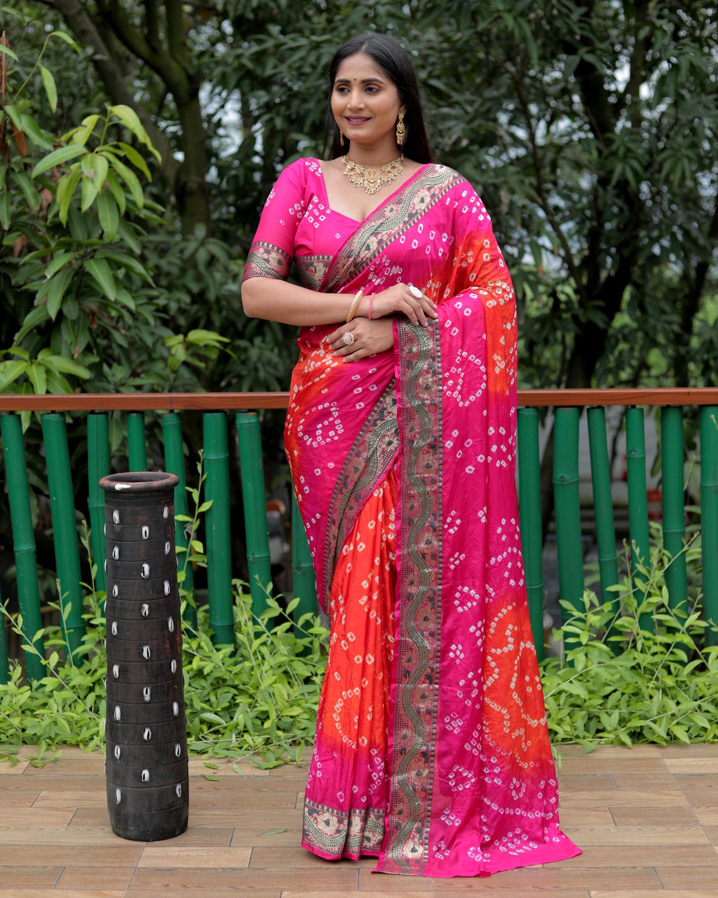 Lorenvalley Premium Pure Bandhej Tapeta Soft light weight silk saree with zari weaving Border - Multicolor - Swadesiicart