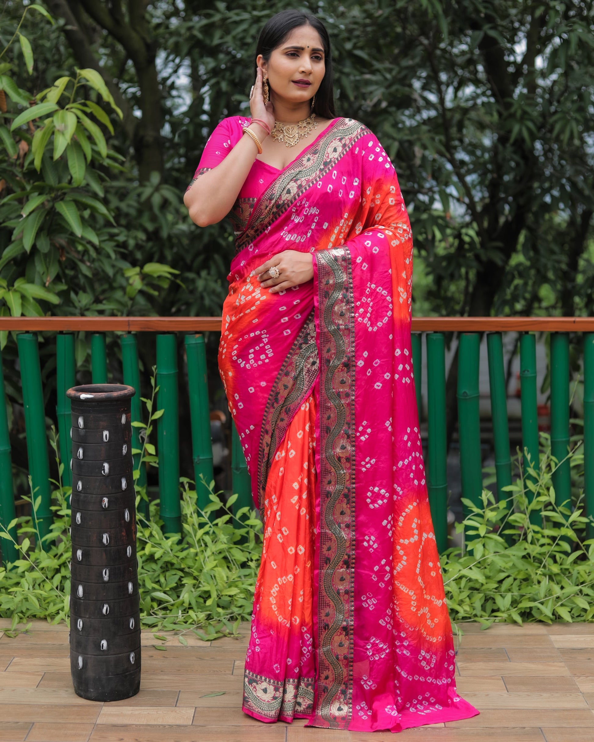 Lorenvalley Premium Pure Bandhej Tapeta Soft light weight silk saree with zari weaving Border - Multicolor - Swadesiicart