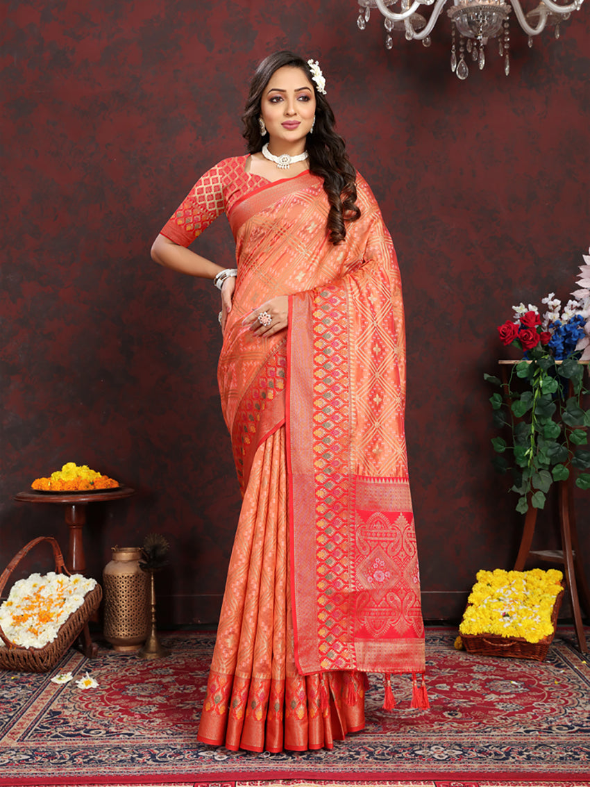 Lorenvalley Fashion Orange Organza Silk Woven Design with Rich Meenakari Weaving Pallu Saree - Swadesiicart