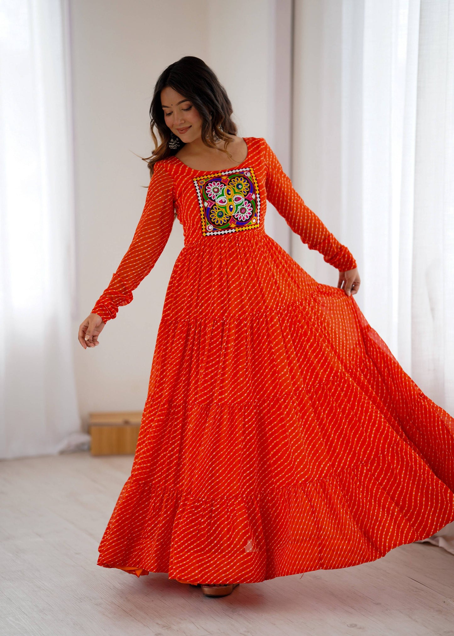 Lorenvalley Fashion Women Pure Soft Faux Georgette Leheriya Print Anarkali Gown - Swadesiicart