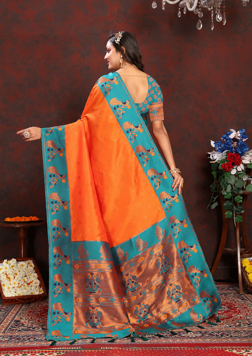 Lorenvalley Fashion Orange Soft Paithani Silk Woven Design Rich Zari Meenakari Weaving Saree - Swadesiicart