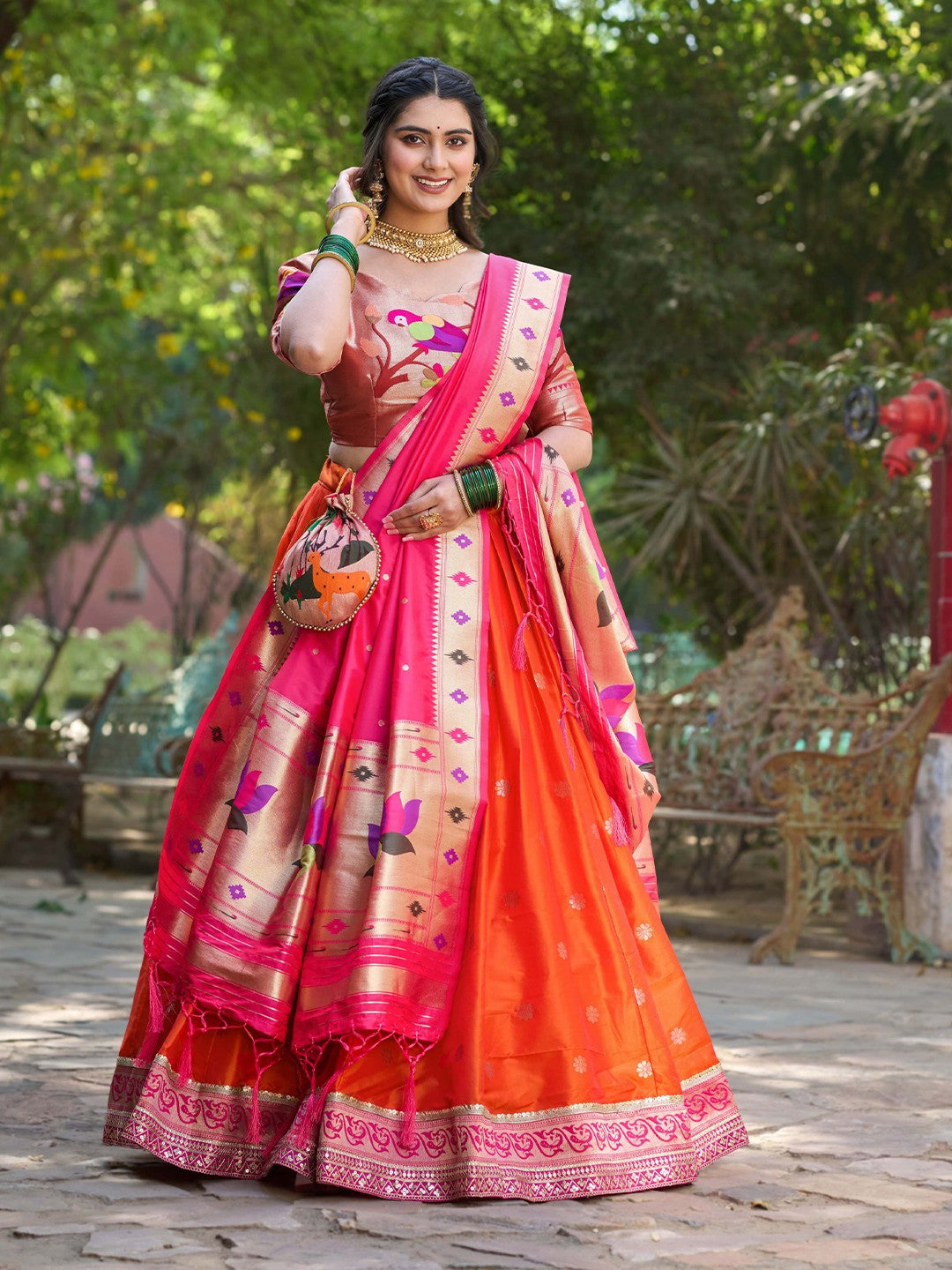 Lorenvalley Orange Jacquard Silk Paithani Weaving Zari Lehenga Choli with Dupatta | Swadesiicart