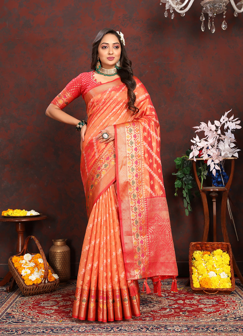 Lorenvalley Fashion Orange Organza Silk Woven Design with Rich Meenakari Weaving Pallu Saree - Swadesiicart