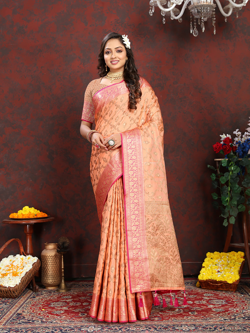 Lorenvalley Fashion Orange Soft Katan Silk Woven Design Rich Zari Weaving Pallu Saree - Swadesiicart