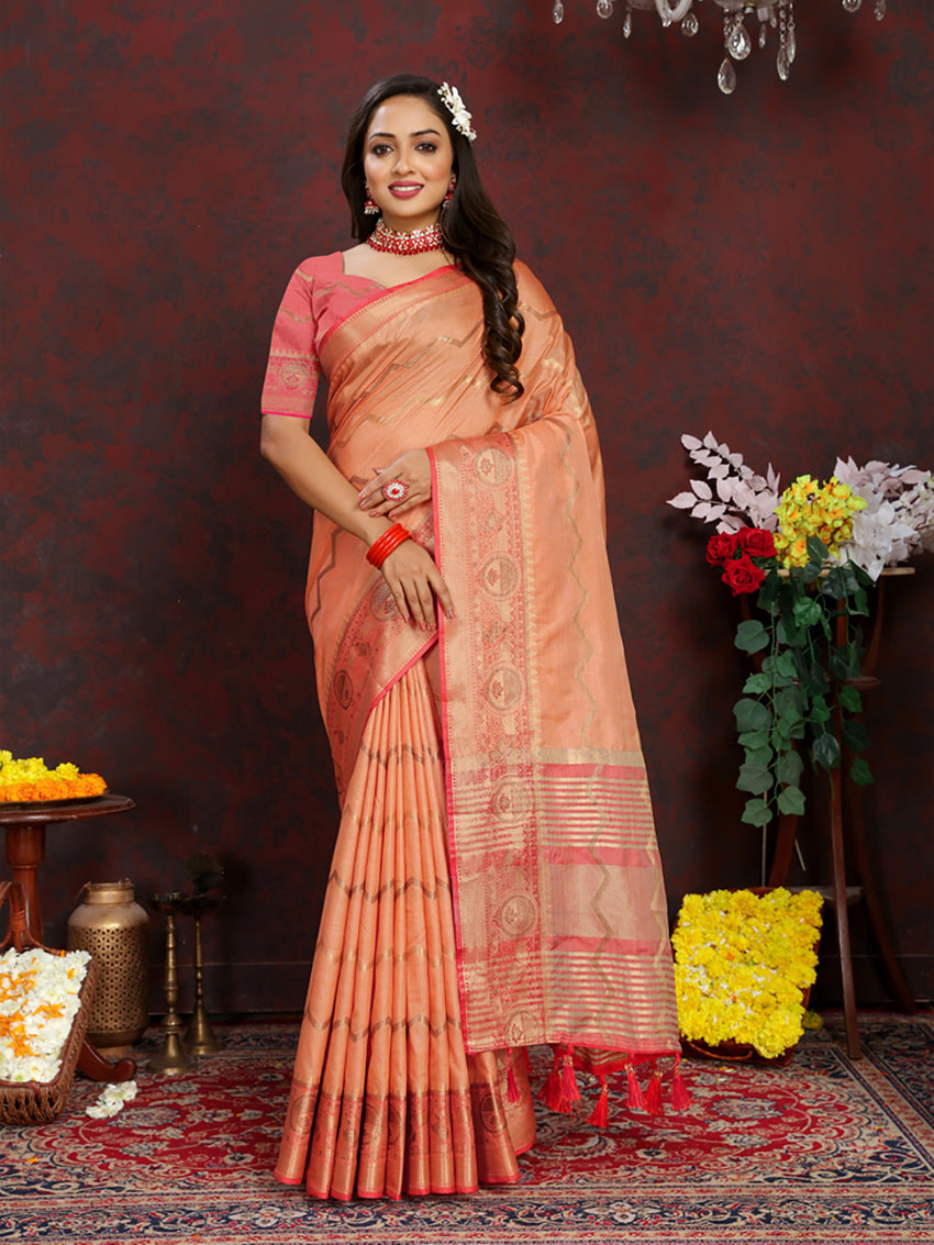 Lorenvalley Fashion Orange Soft Katan Silk Woven Design Zari Weaving Pallu Saree - Swadesiicart