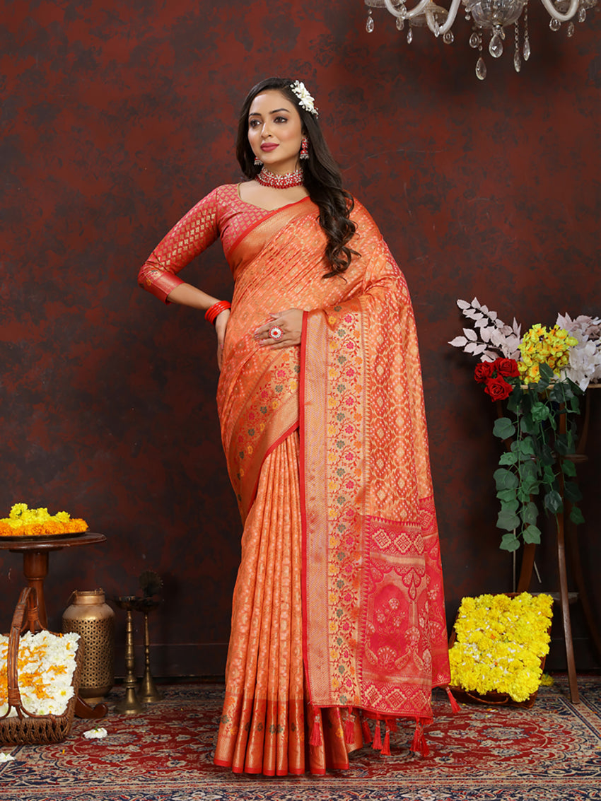 Lorenvalley Fashion Orange Organza Silk Woven Design with Rich Meenakari Weaving Pallu Saree - Swadesiicart