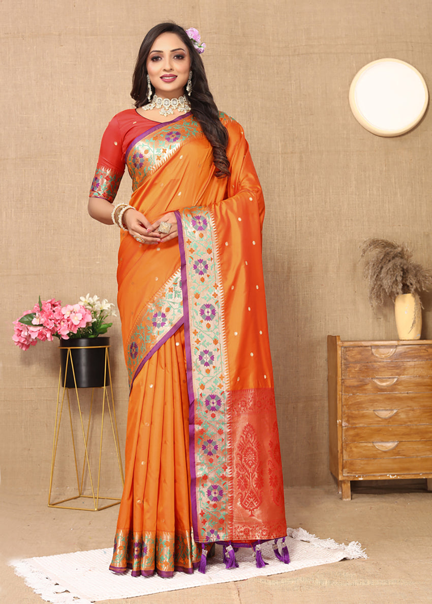 Lorenvalley Fashion Orange Soft Paithani Silk Woven Design Rich Meenakari Zari Weaving Pallu Saree - Swadesiicart