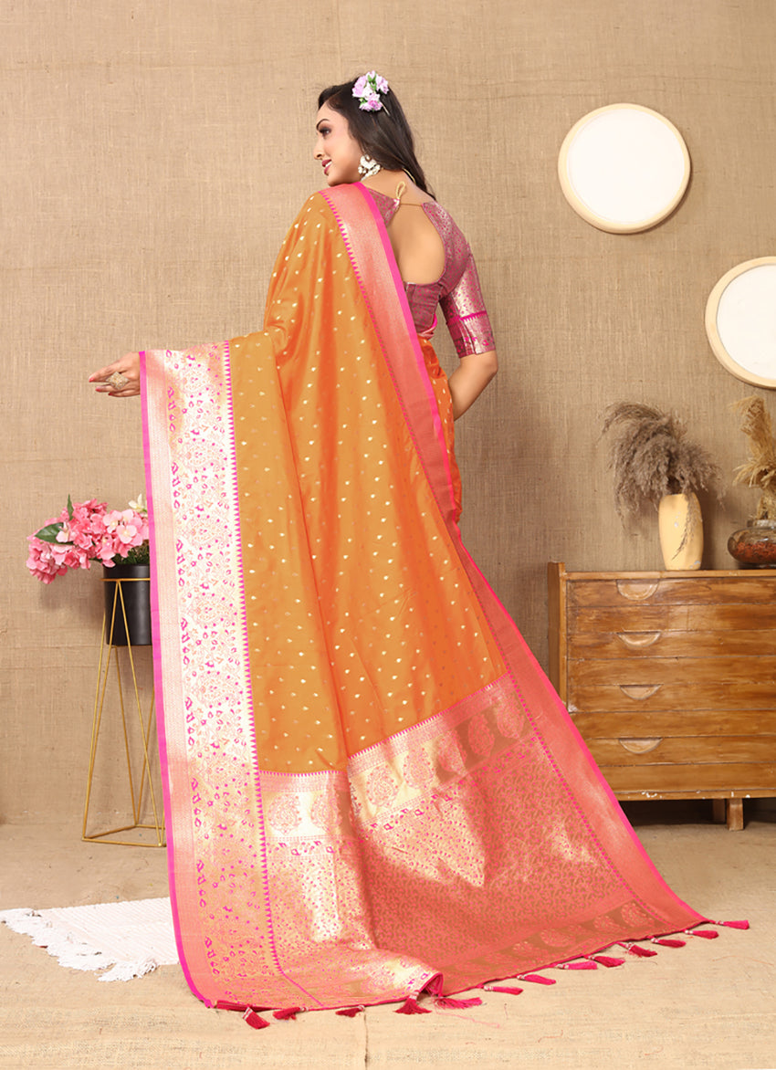 Lorenvalley Fashion Orange Soft Silk weaving Design Rich Zari Weaving Saree - Swadesiicart