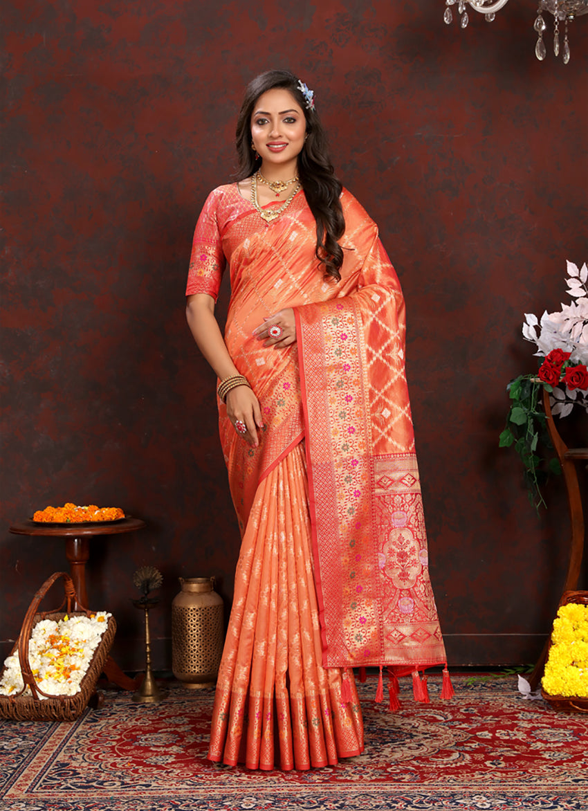Lorenvalley Fashion Orange Organza Silk Woven Design with Rich Meenakari Weaving Pallu Saree - Swadesiicart