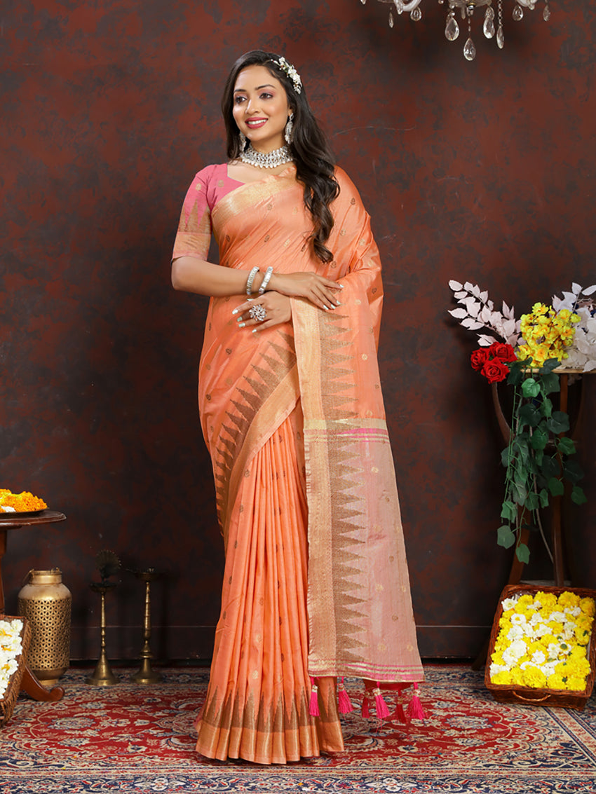 Lorenvalley Fashion Orange Soft Katan Silk Woven Design Zari Weaving Pallu Saree - Swadesiicart