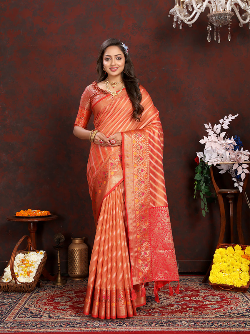 Lorenvalley Fashion Orange Organza Silk Woven Design with Rich Meenakari Weaving Pallu Saree - Swadesiicart