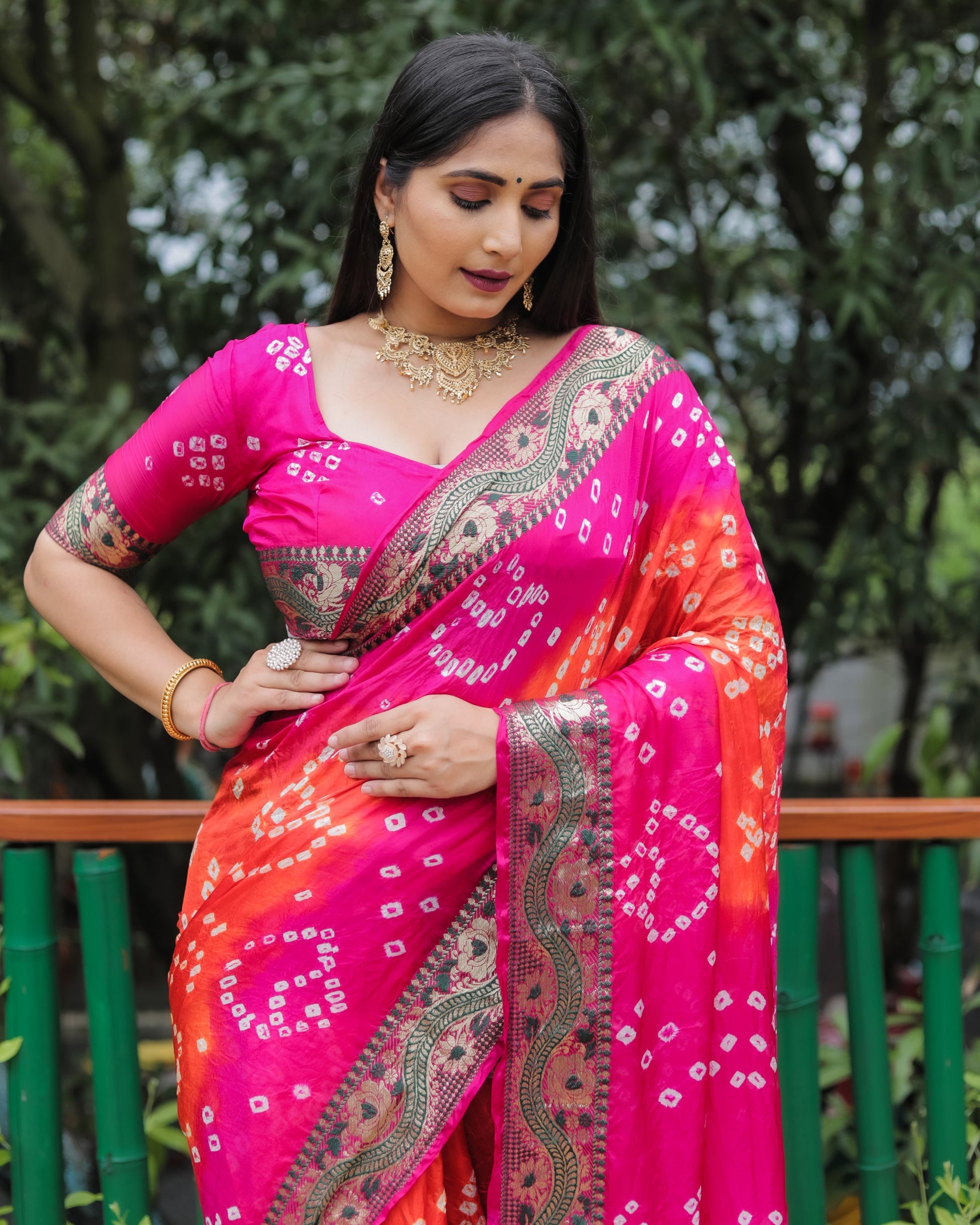 Lorenvalley Premium Pure Bandhej Tapeta Soft light weight silk saree with zari weaving Border - Multicolor - Swadesiicart
