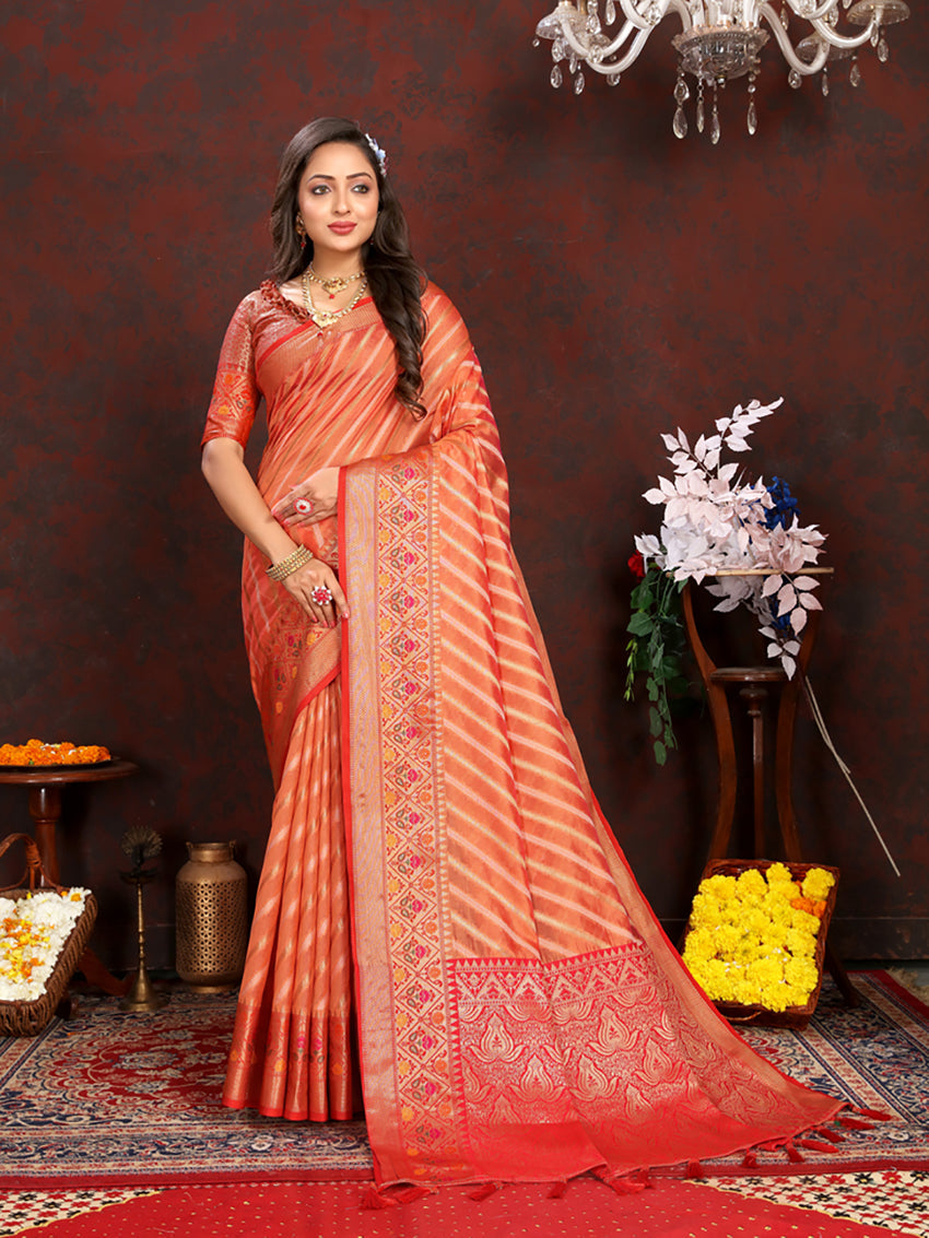 Lorenvalley Fashion Orange Organza Silk Woven Design with Rich Meenakari Weaving Pallu Saree - Swadesiicart