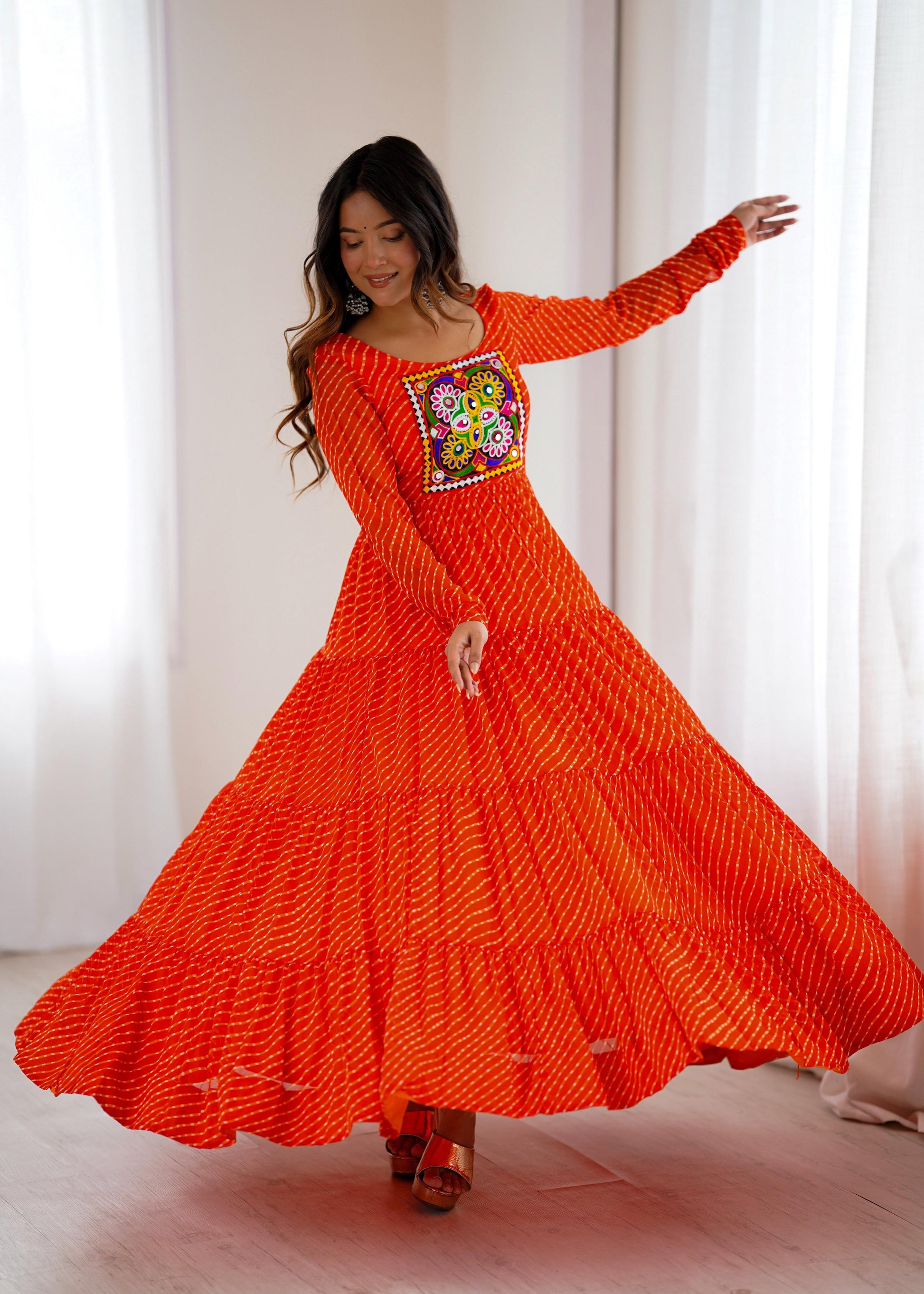 Lorenvalley Fashion Women Pure Soft Faux Georgette Leheriya Print Anarkali Gown - Swadesiicart
