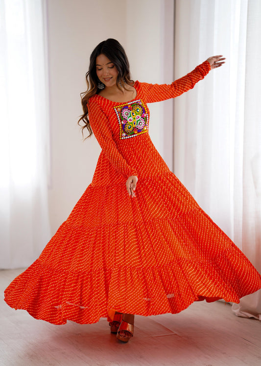 Lorenvalley Fashion Women Pure Soft Faux Georgette Leheriya Print Anarkali Gown - Swadesiicart