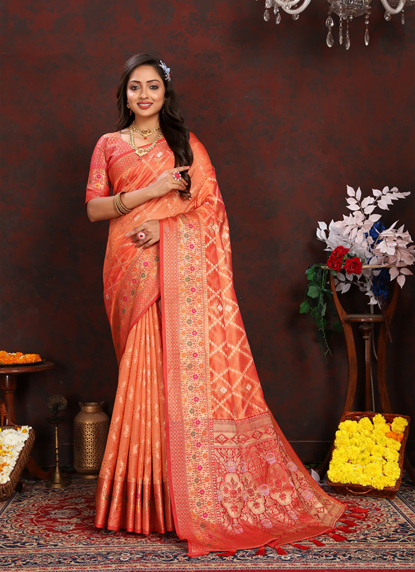 Lorenvalley Fashion Orange Organza Silk Woven Design with Rich Meenakari Weaving Pallu Saree - Swadesiicart