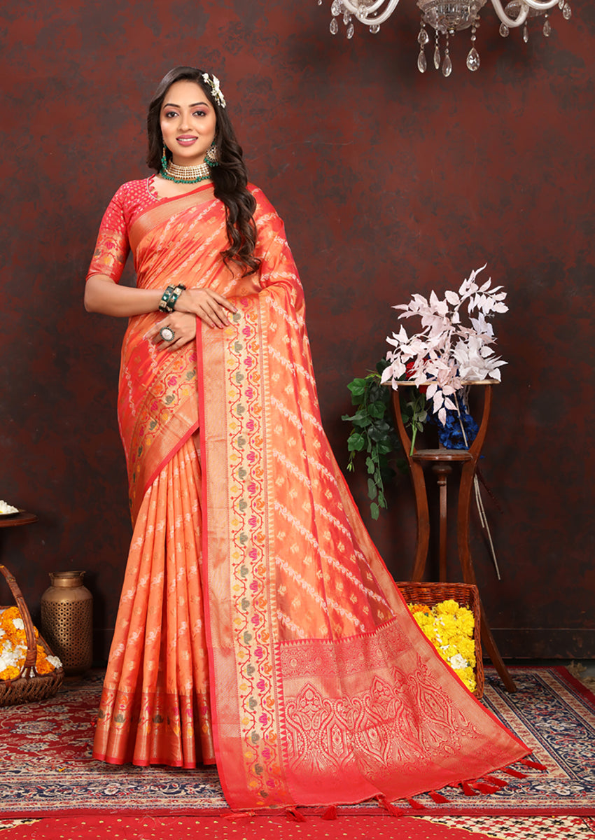 Lorenvalley Fashion Orange Organza Silk Woven Design with Rich Meenakari Weaving Pallu Saree - Swadesiicart