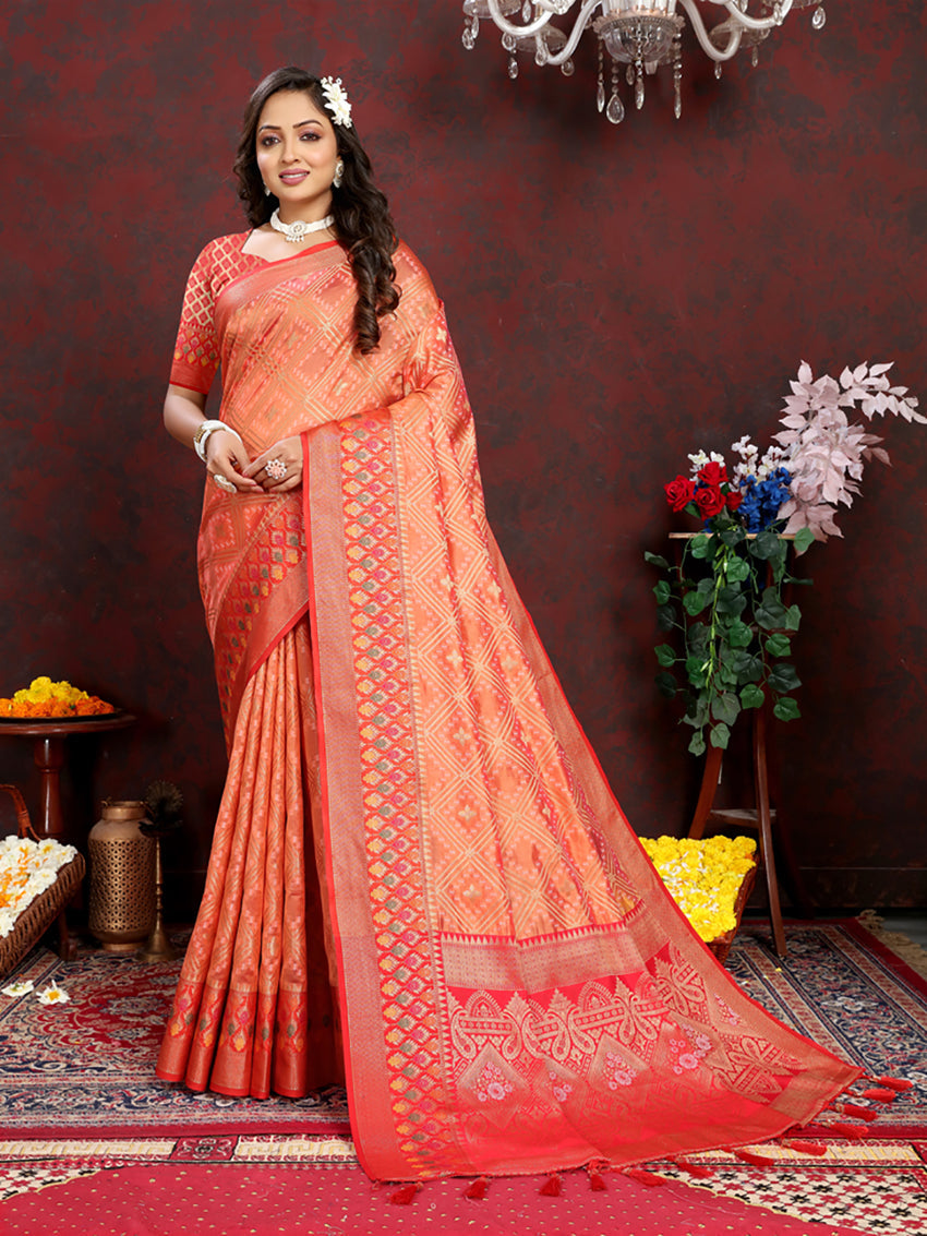 Lorenvalley Fashion Orange Organza Silk Woven Design with Rich Meenakari Weaving Pallu Saree - Swadesiicart