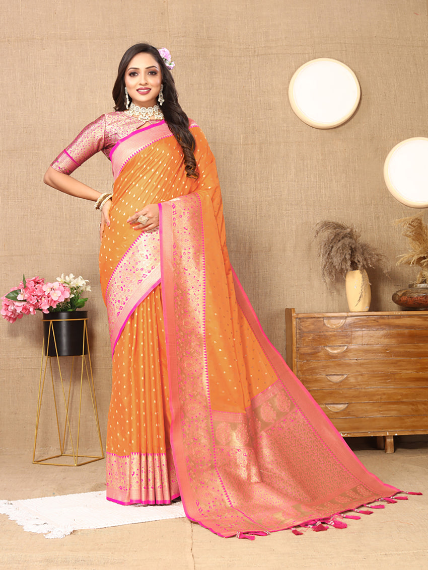 Lorenvalley Fashion Orange Soft Silk weaving Design Rich Zari Weaving Saree - Swadesiicart