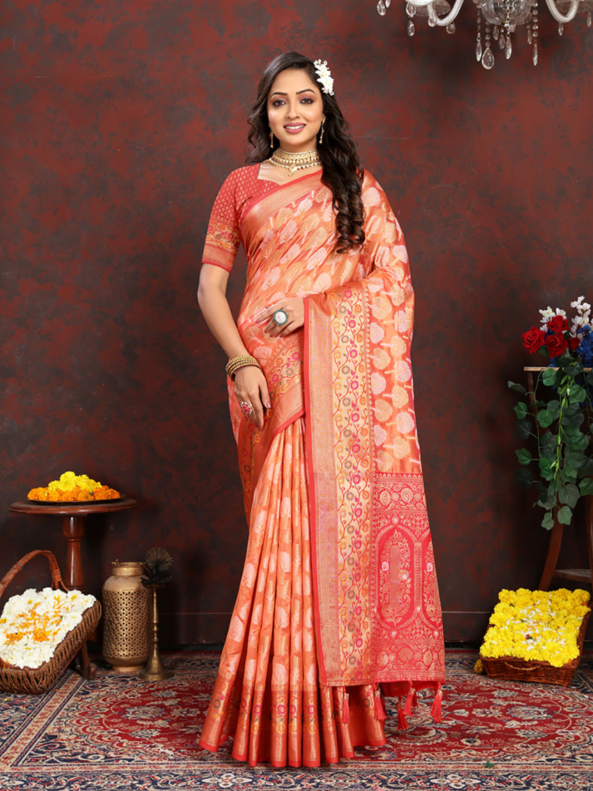 Lorenvalley Fashion Orange Organza Silk Woven Design with Rich Meenakari Weaving Pallu Saree - Swadesiicart