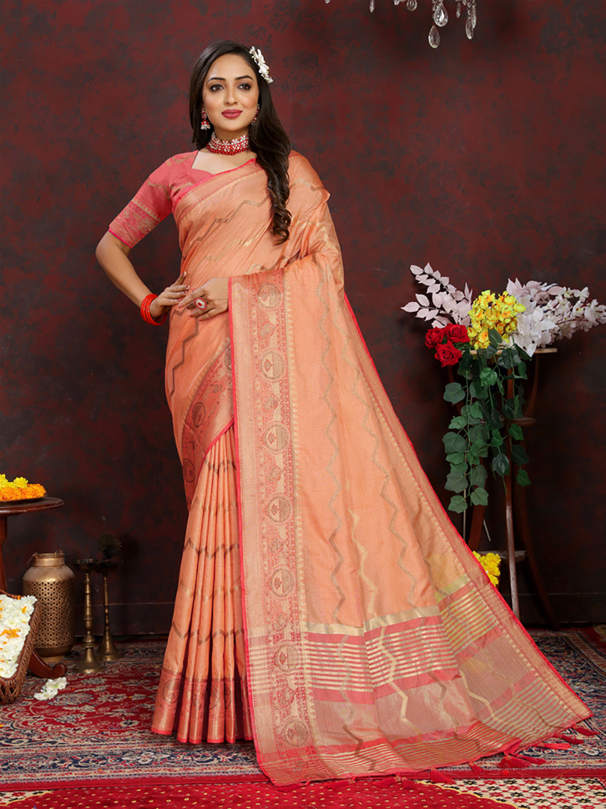Lorenvalley Fashion Orange Soft Katan Silk Woven Design Zari Weaving Pallu Saree - Swadesiicart
