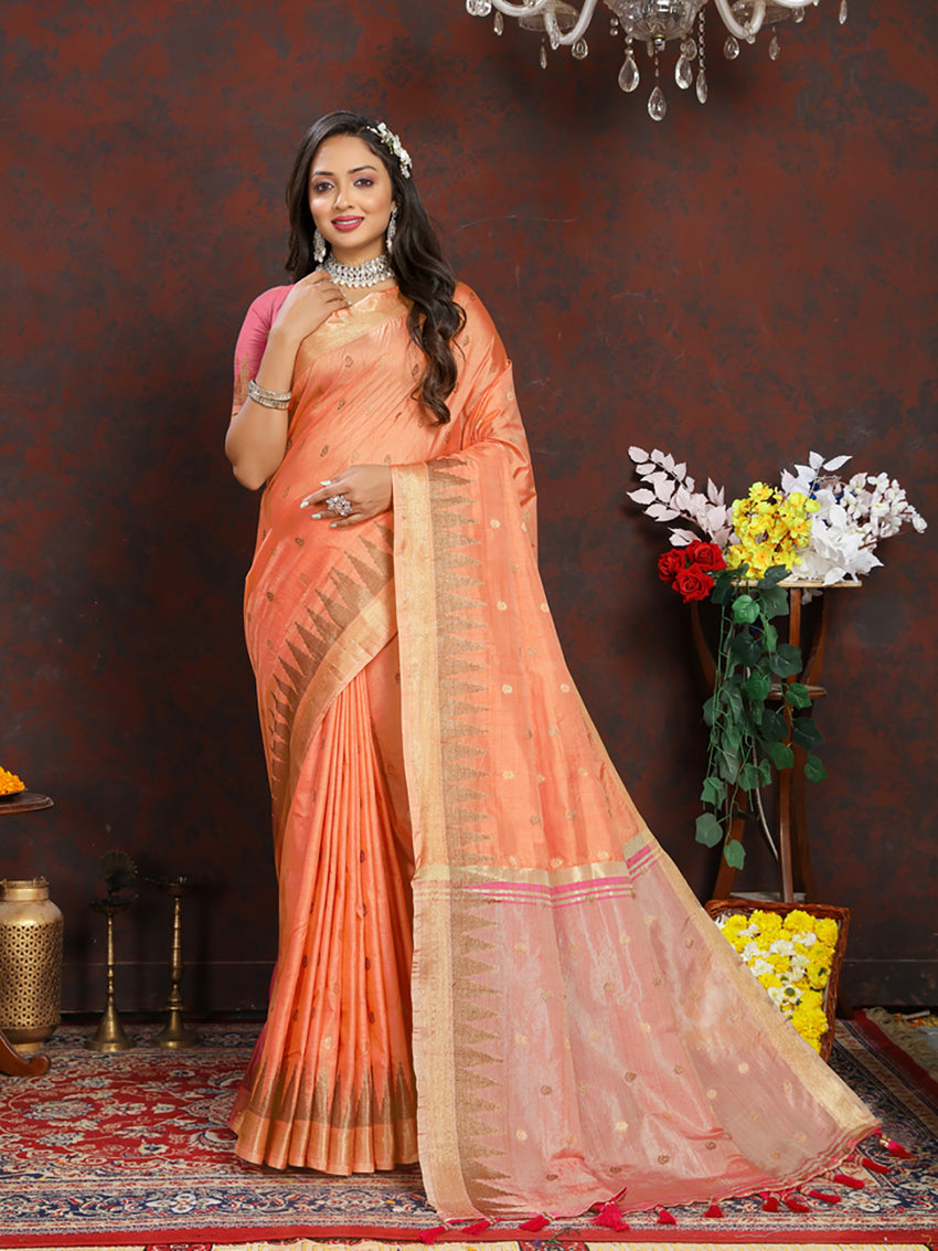 Lorenvalley Fashion Orange Soft Katan Silk Woven Design Zari Weaving Pallu Saree - Swadesiicart
