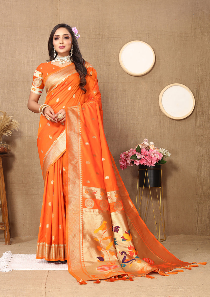 Lorenvalley Fashion Orange Soft Paithani Silk Woven Design Rich Zari Meenakari Weaving Saree - Swadesiicart