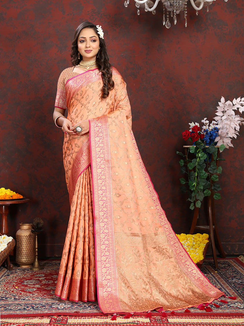 Lorenvalley Fashion Orange Soft Katan Silk Woven Design Rich Zari Weaving Pallu Saree - Swadesiicart
