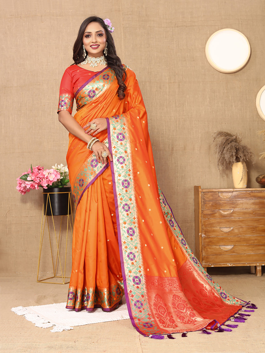 Lorenvalley Fashion Orange Soft Paithani Silk Woven Design Rich Meenakari Zari Weaving Pallu Saree - Swadesiicart