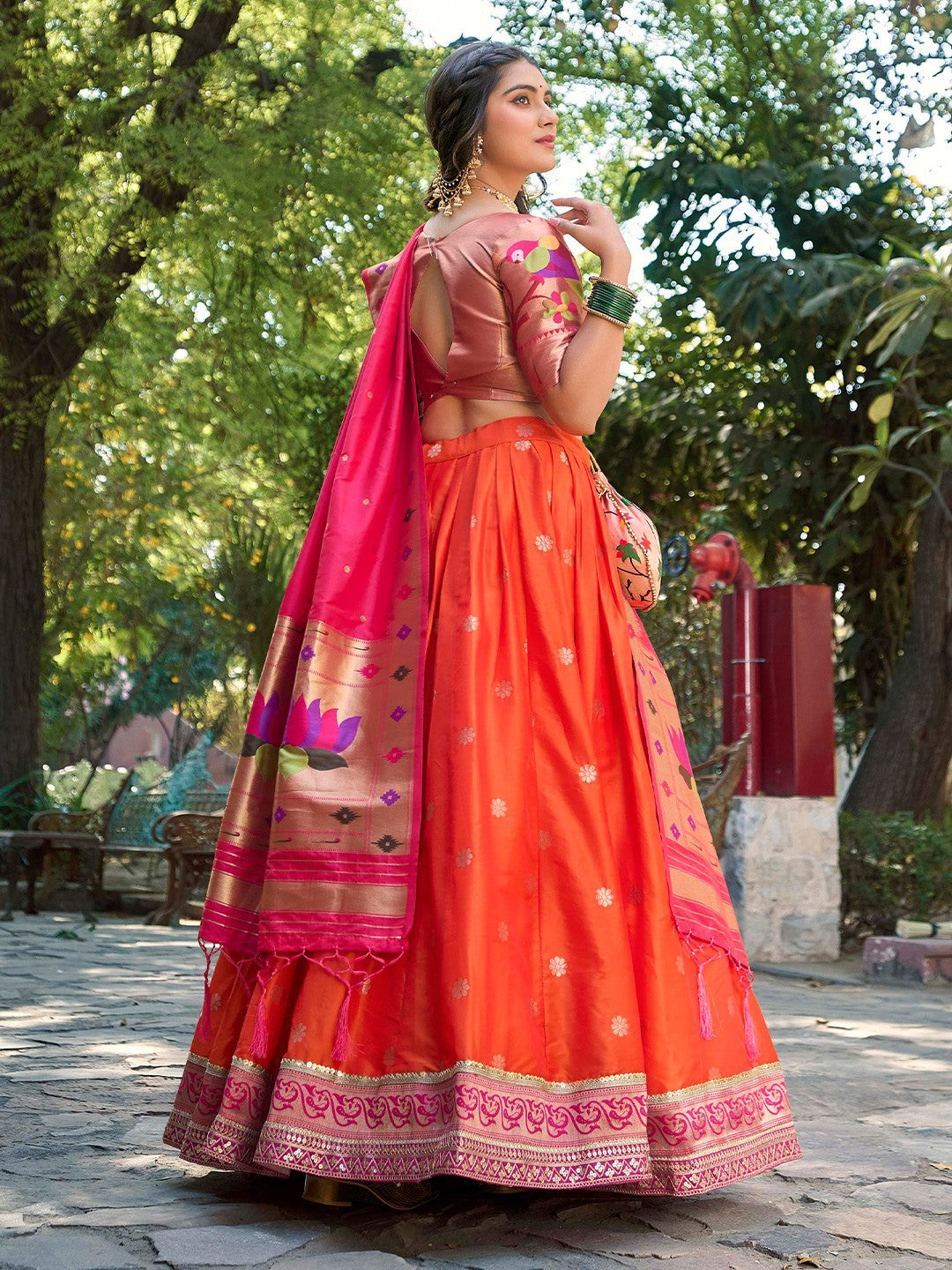 Lorenvalley Orange Jacquard Silk Paithani Weaving Zari Lehenga Choli with Dupatta | Swadesiicart