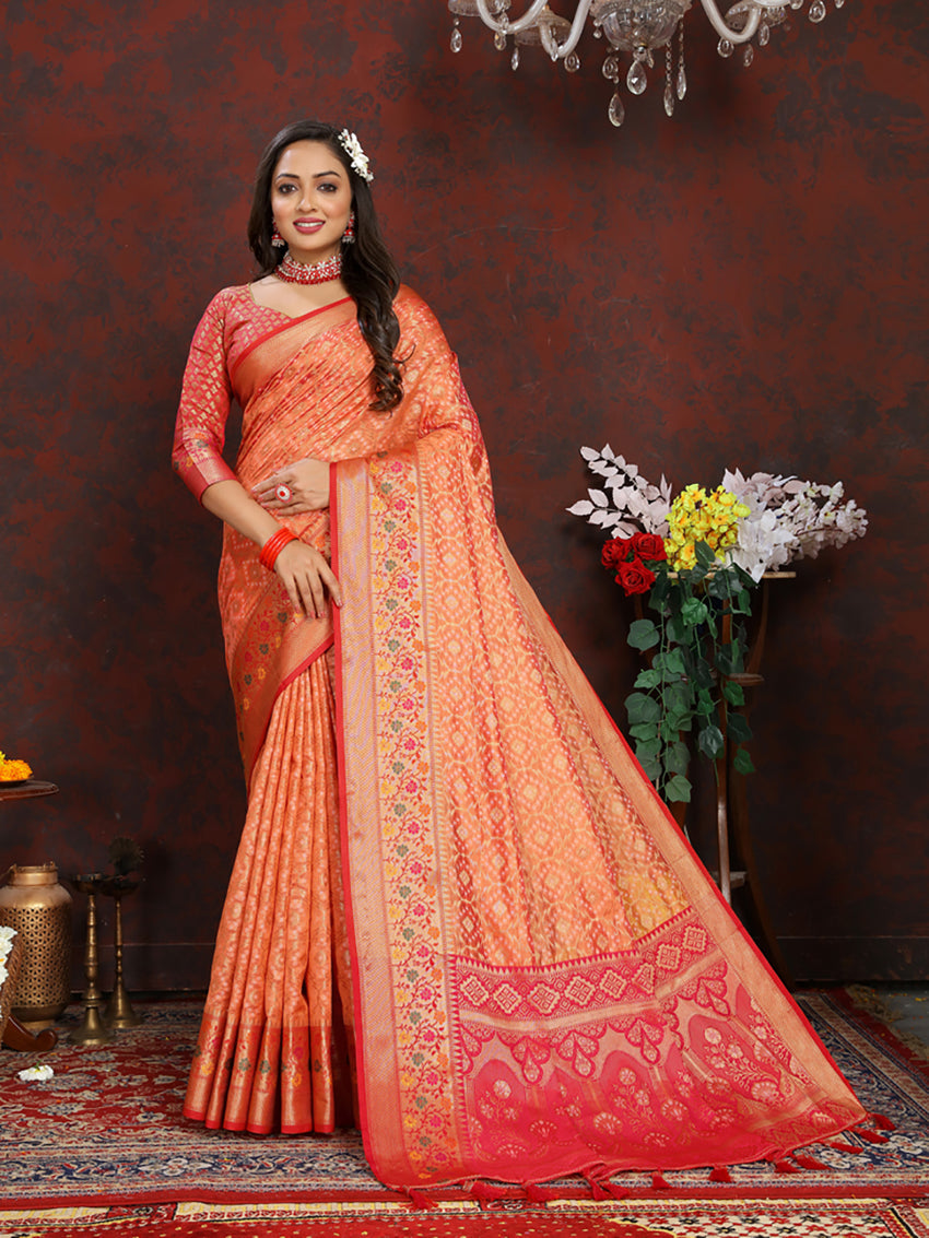 Lorenvalley Fashion Orange Organza Silk Woven Design with Rich Meenakari Weaving Pallu Saree - Swadesiicart