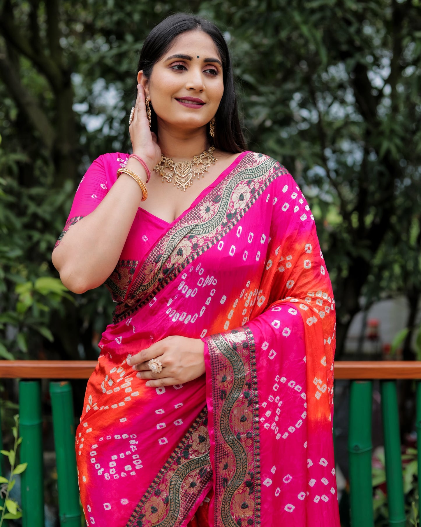 Lorenvalley Premium Pure Bandhej Tapeta Soft light weight silk saree with zari weaving Border - Multicolor - Swadesiicart