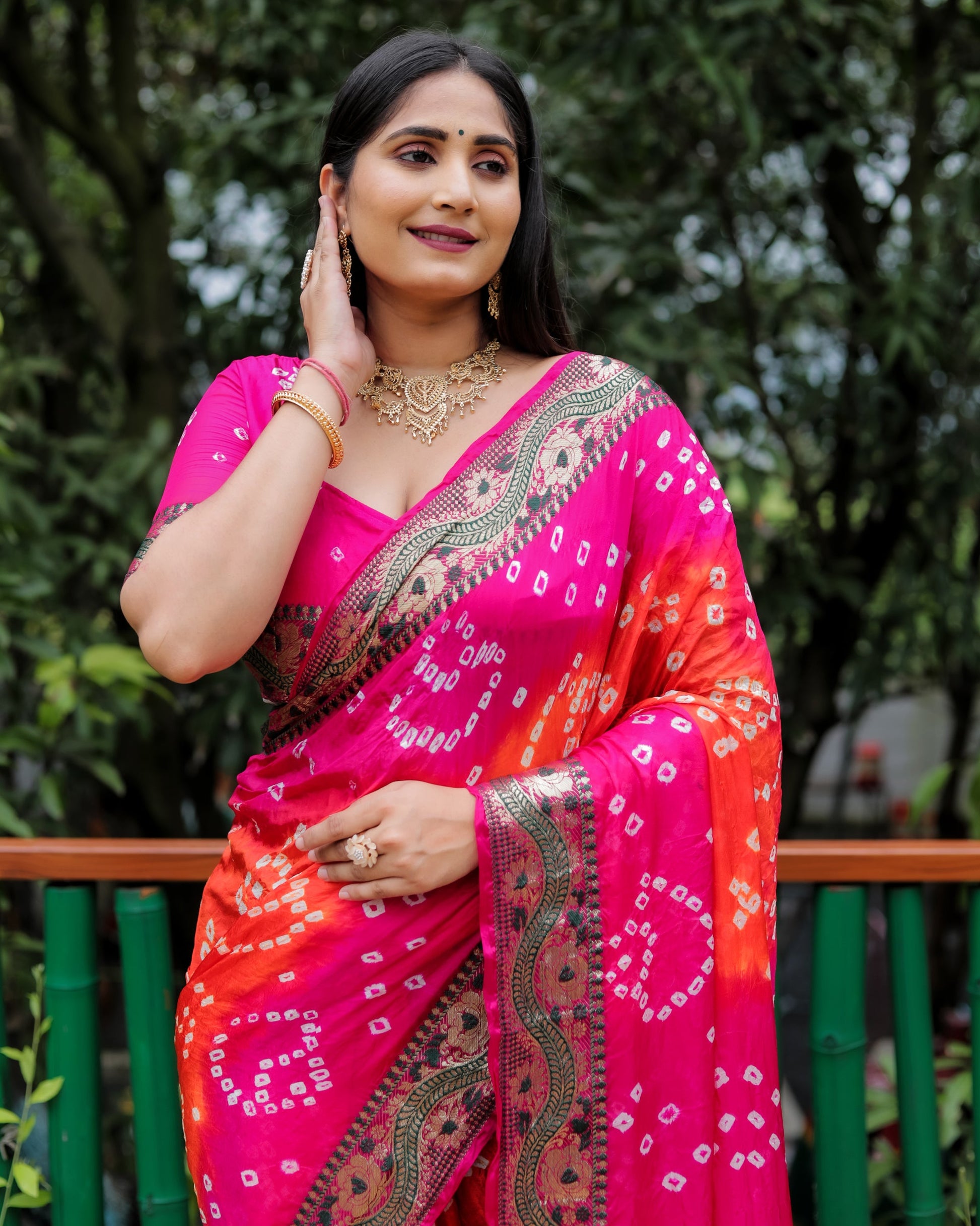 Lorenvalley Premium Pure Bandhej Tapeta Soft light weight silk saree with zari weaving Border - Multicolor - Swadesiicart